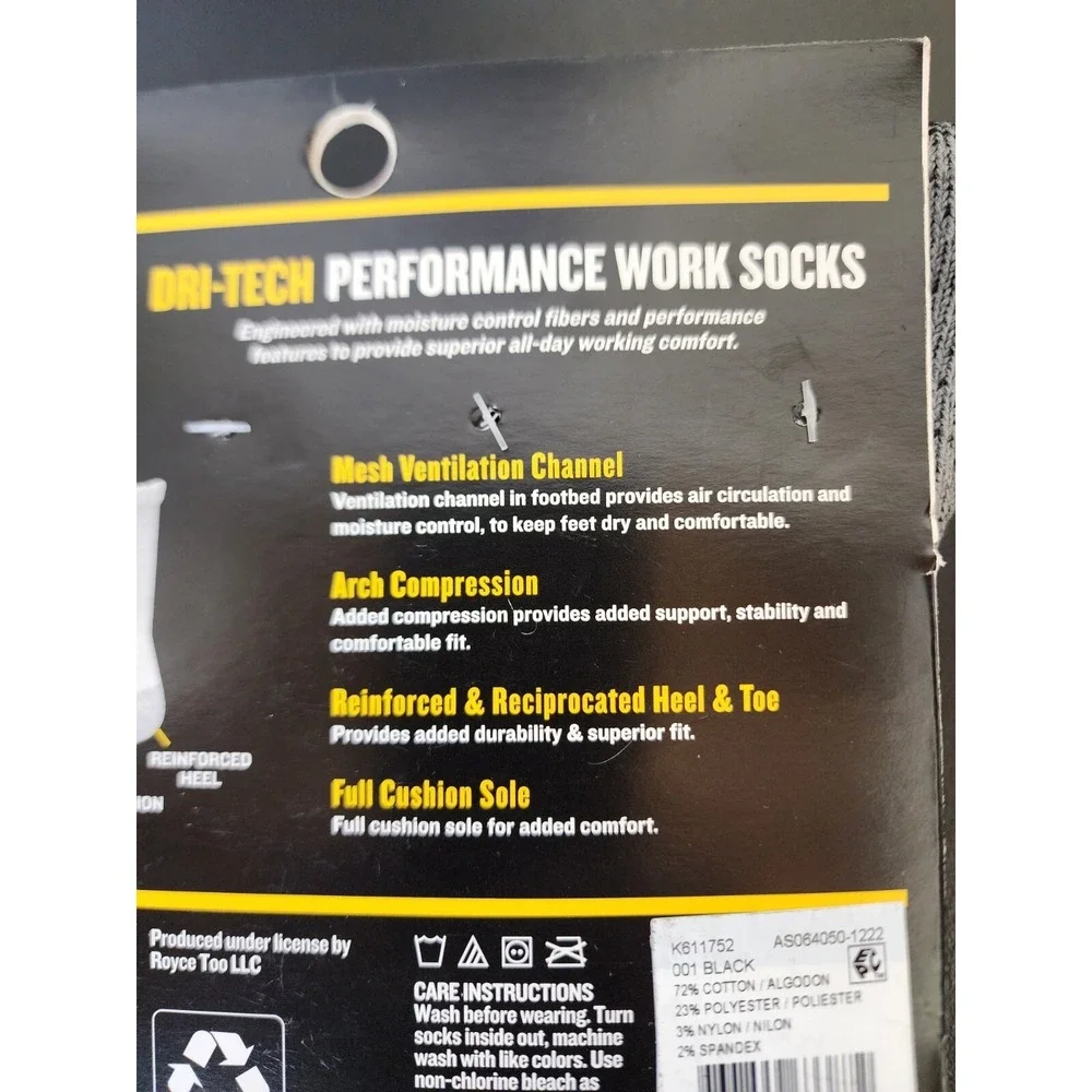 Dickies Size 12-15 Big and Tall Mens Dri Tech Crew Work Cushion Socks 6 Pairs